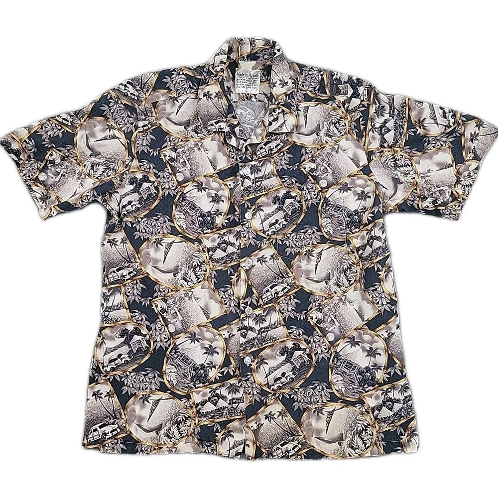 Made In Hawaii Mens Short Sleeve Shirt Size Large 100% Cotton Black White Scenes